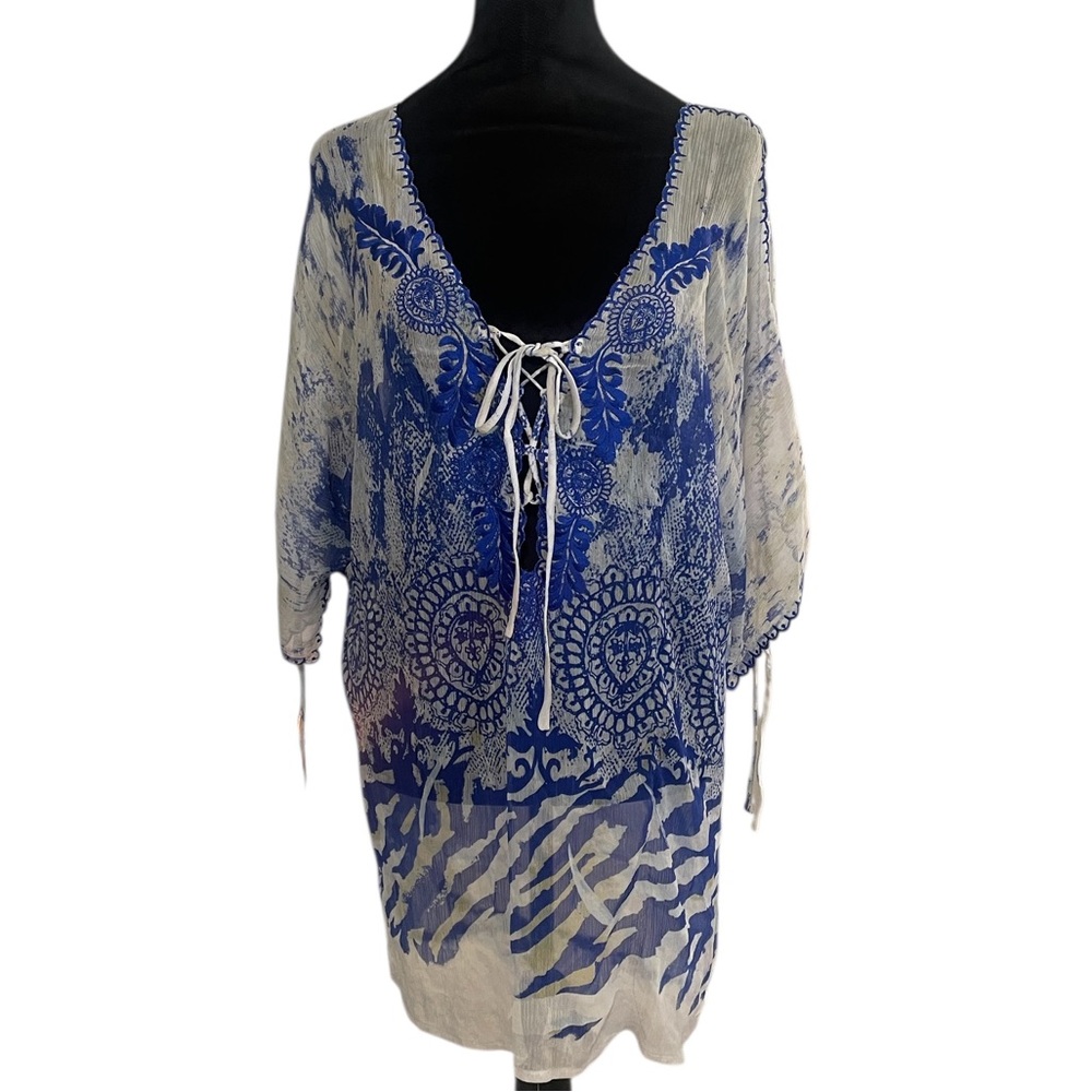 Arden B Blue and White, cream Swim Coverup, tunic, top,V-Neck, Small - Picture 7 of 7